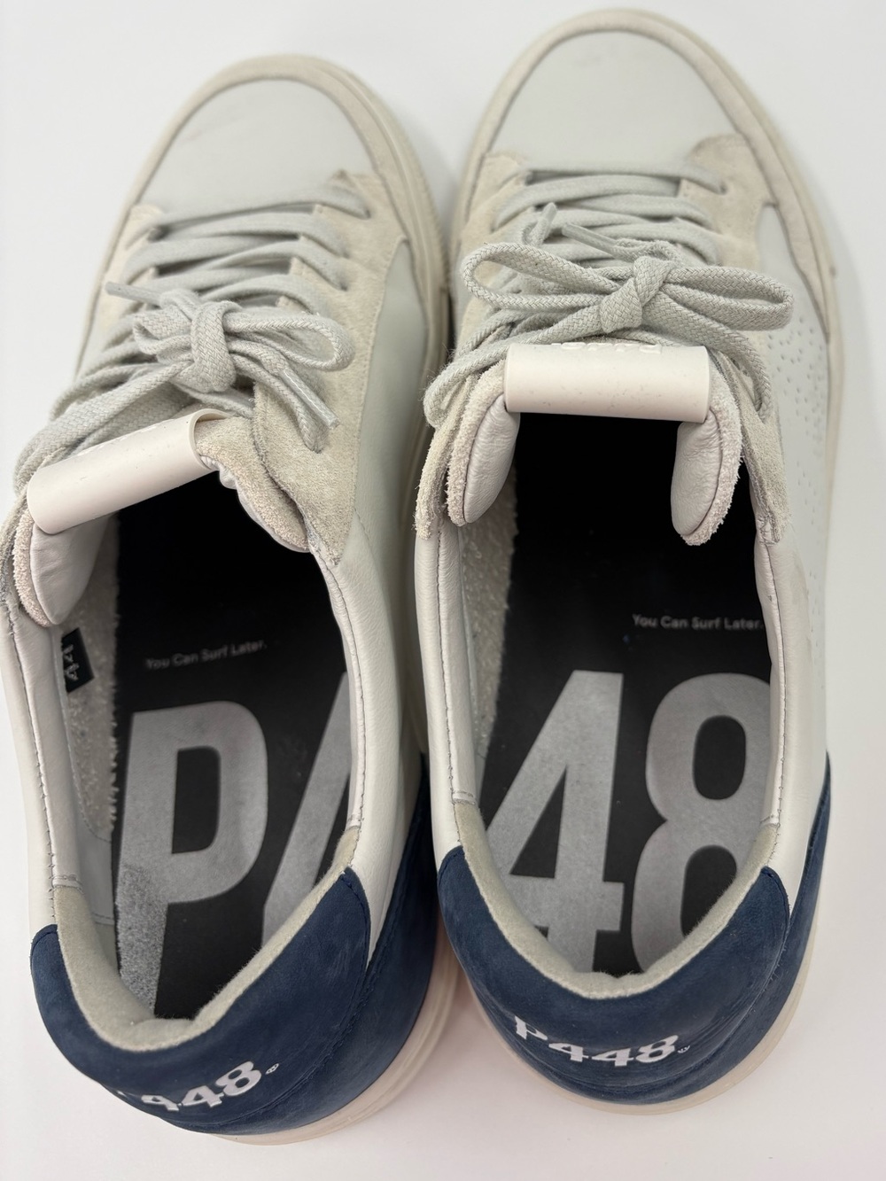 P448 Soho White & Navy Leather Suede Low Top Sneakers Size 44 - Picture 2 of 10